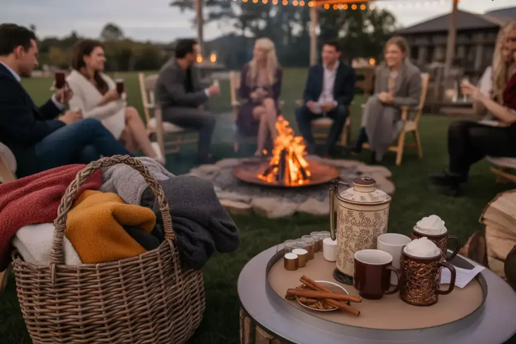 Comfort warmth evening celebrations blanket station fire pit hot chocolate