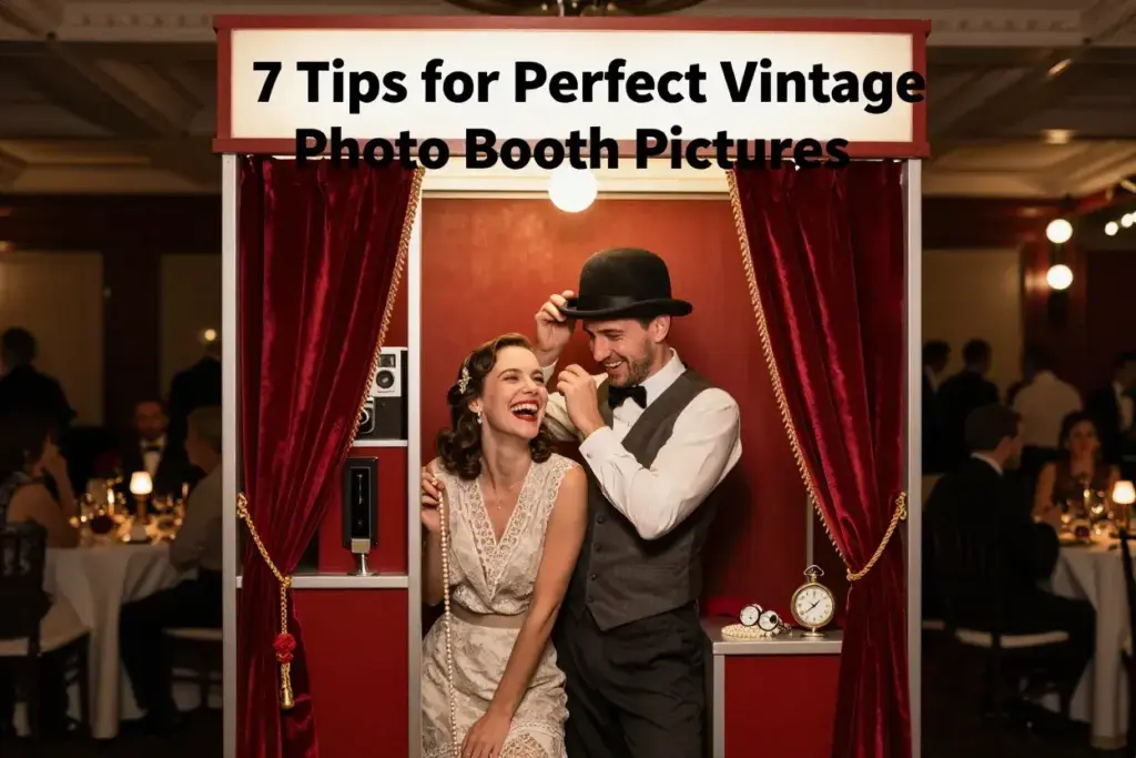 Couple laughing inside red velvet vintage photo booth at wedding