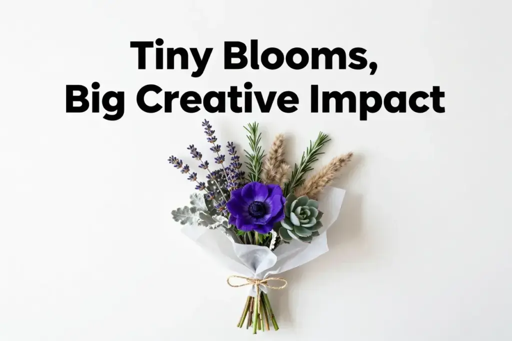 Creative small bouquet flatlay wildflowers herbs succulents textures minimalist