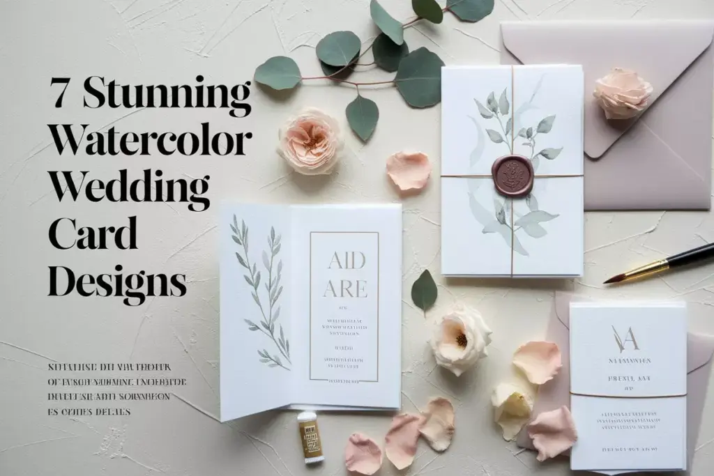 Flat lay artistic watercolor wedding invitations with botanical elements and paint supplies