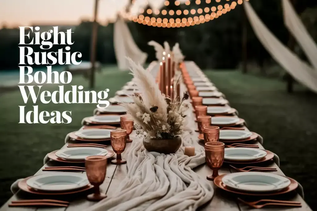 Rustic farm table golden hour boho wedding reception setting