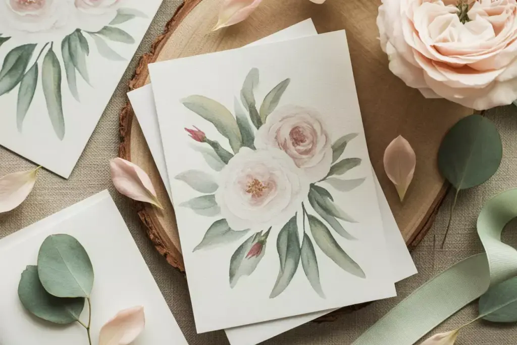 Beautiful wedding invitation with blush pink roses and eucalyptus watercolor