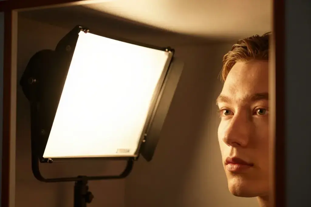 Close up warm vintage photo booth lighting setup showing flattering shadows