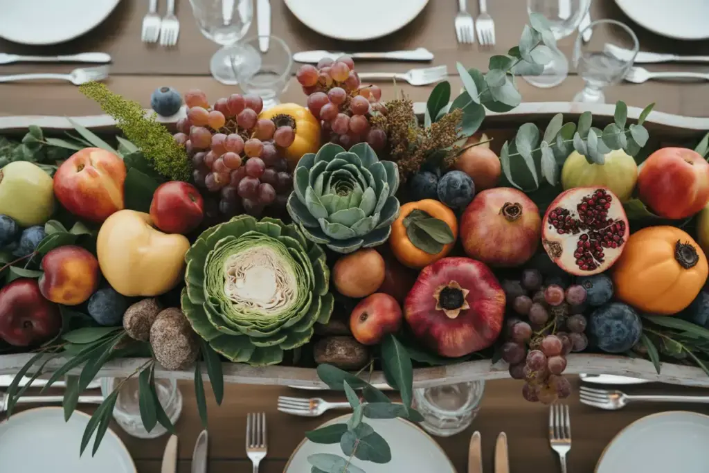 Fruit vegetable organic centerpiece artful arrangement flat lay