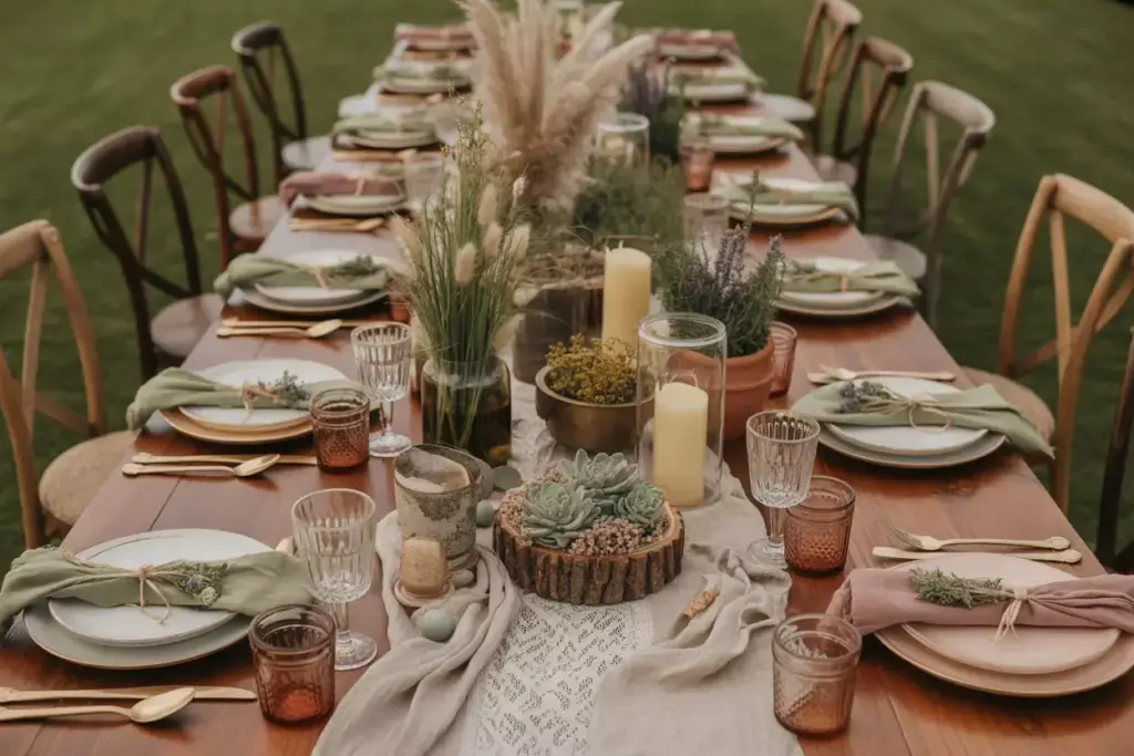 Rustic boho wooden farm table layered centerpieces and mismatched vintage china