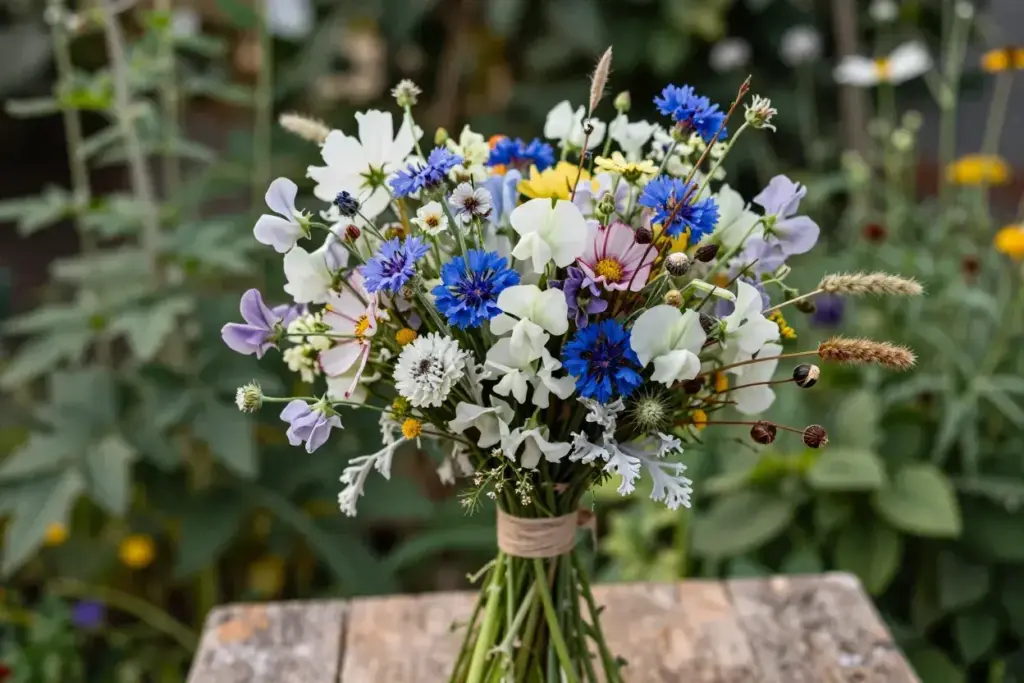 Wildflower posy mixed textures natural garden setting handheld