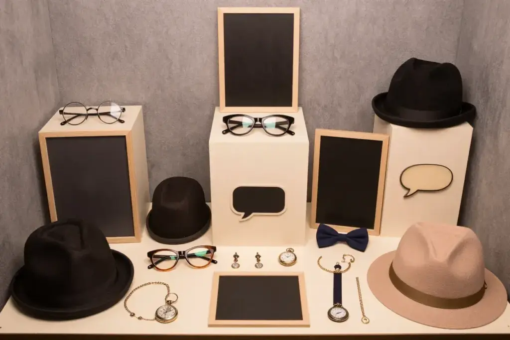 Organized vintage prop station with hats glasses and period accessories