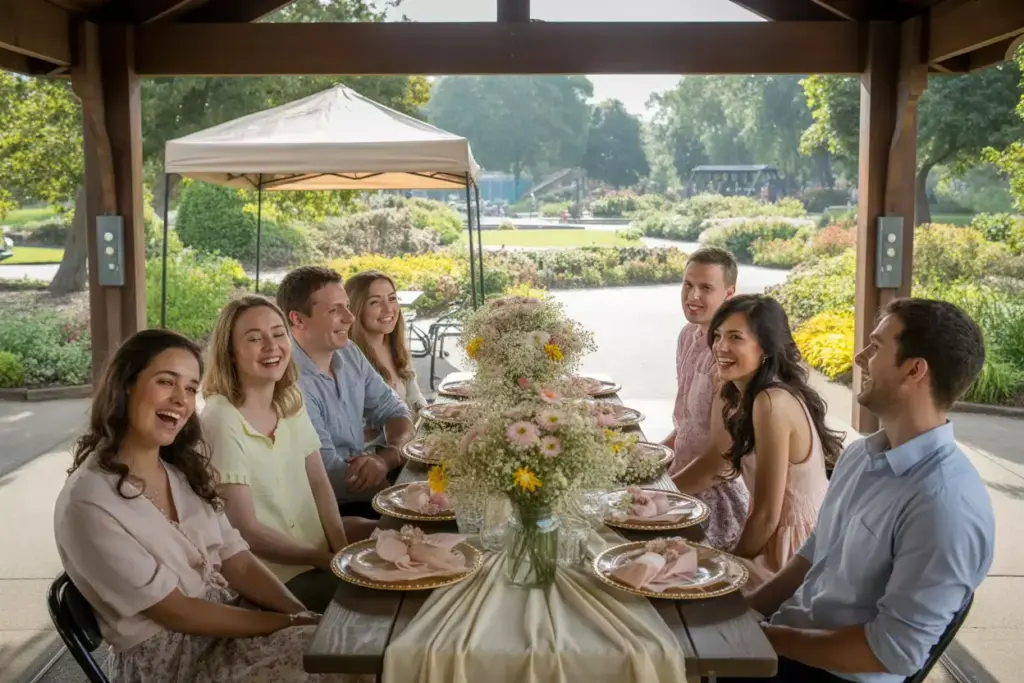 Outdoor park bridal shower under pavilion with garden backdrop