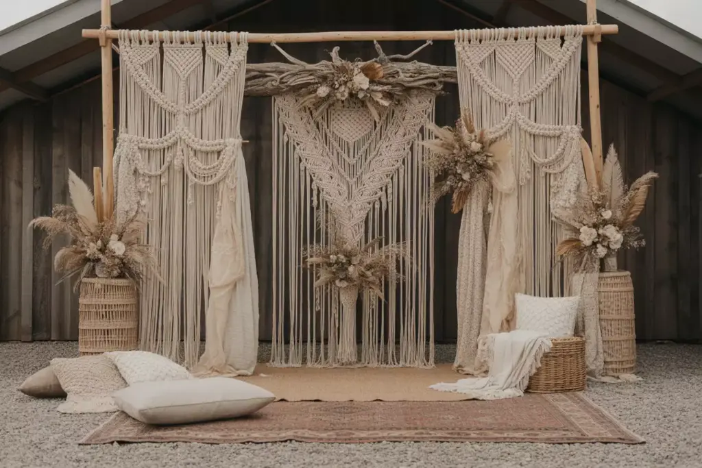 Large handmade macrame backdrop with driftwood dried flowers and vintage rug