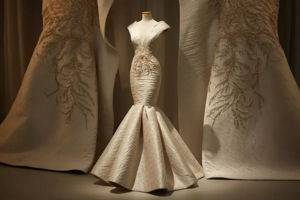 Mermaid silhouette brocade gold threads trumpet skirt