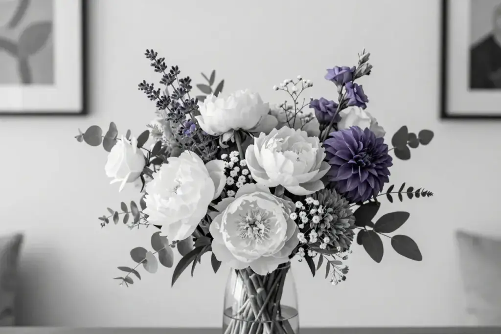 Monochromatic white bouquet varied textures clear vase interior