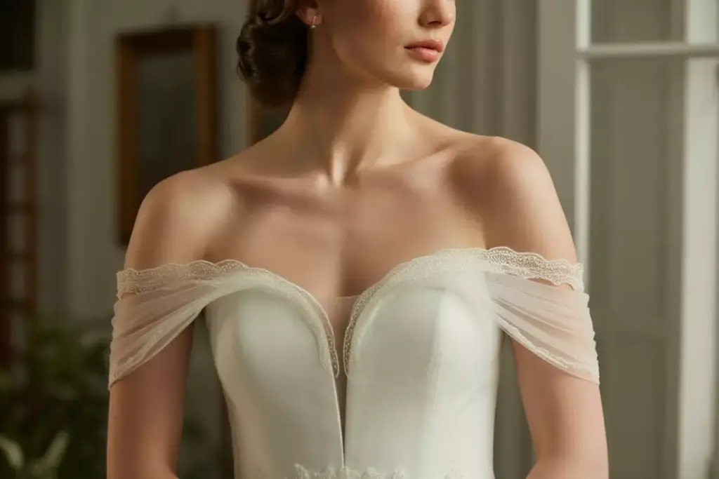 Romantic off the shoulder illusion sleeves on a strapless mermaid dress