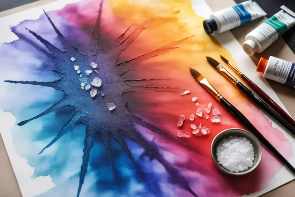 Abstract watercolor art with starbursts salt textures for invitation