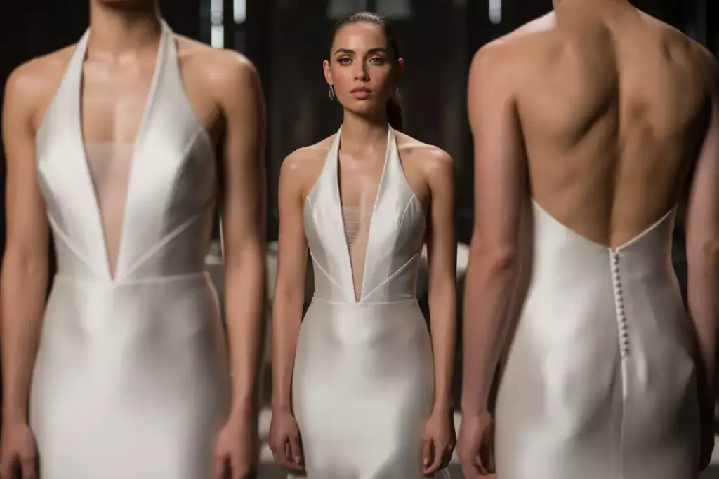 Dramatic plunging v neck strapless mermaid dress with illusion panel