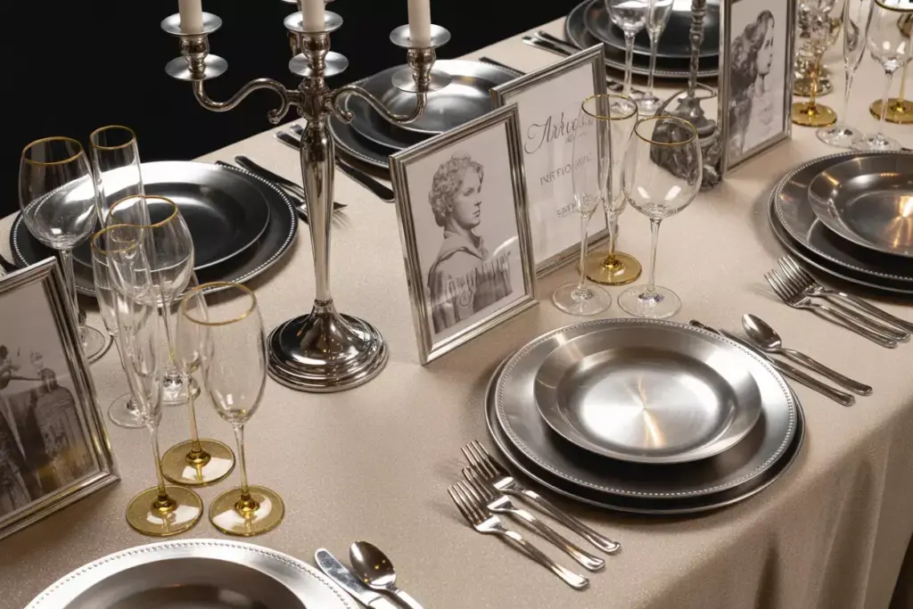 Luxury metallic tablescape chrome candelabra silver rimmed glassware