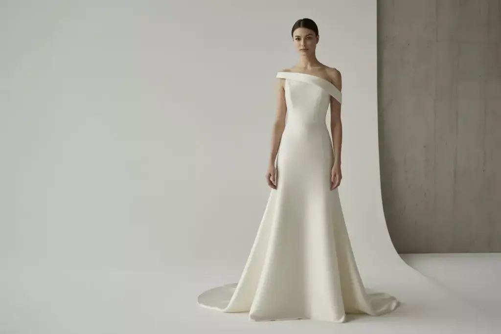 Minimalist crepe gown architectural lines asymmetrical detail