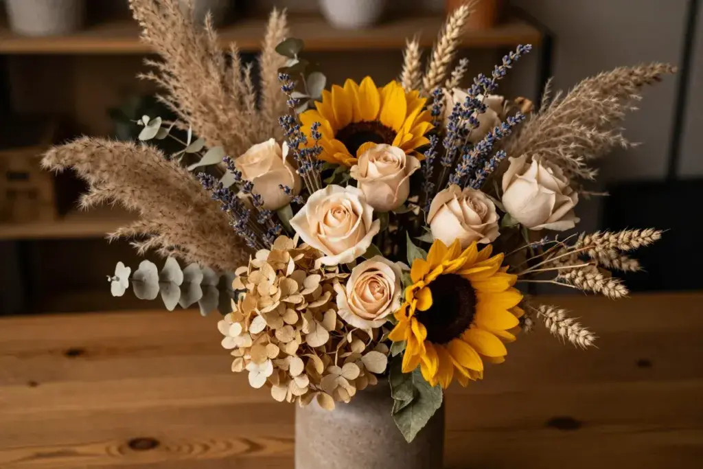 Mixed fresh dried flower bouquet rustic vase cozy setting