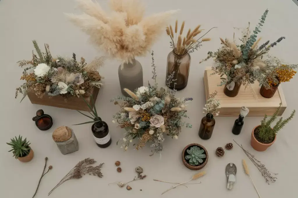 Organic wildflower and pampas grass arrangements in wooden boxes and vintage bottles