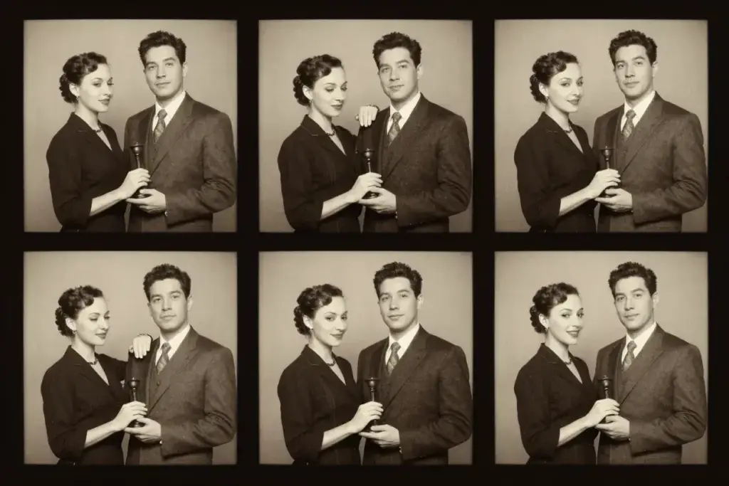 Vintage photo strip of group posing with formal dignified expressions