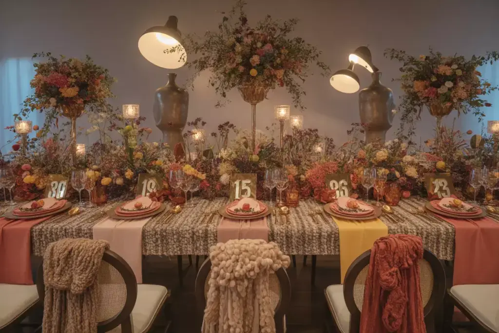 Abundant maximalist tablescape layered linens exotic florals