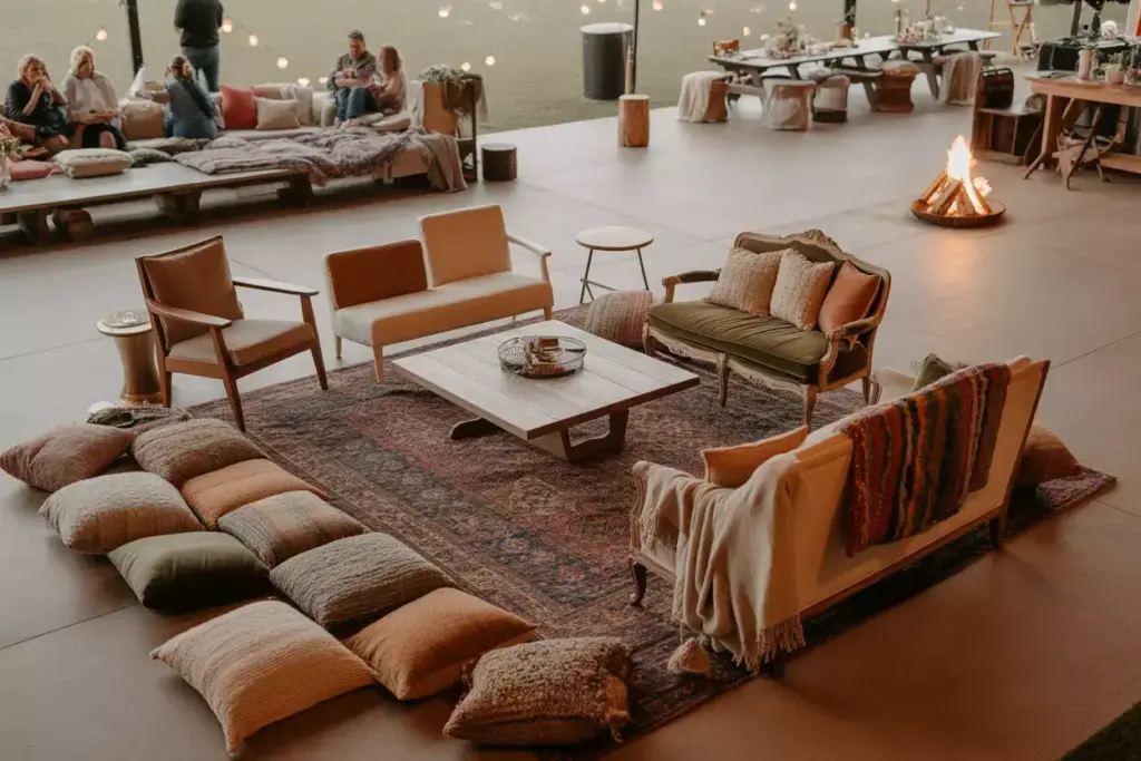 Boho lounge area with vintage sofa persian rug floor pillows and fire pit