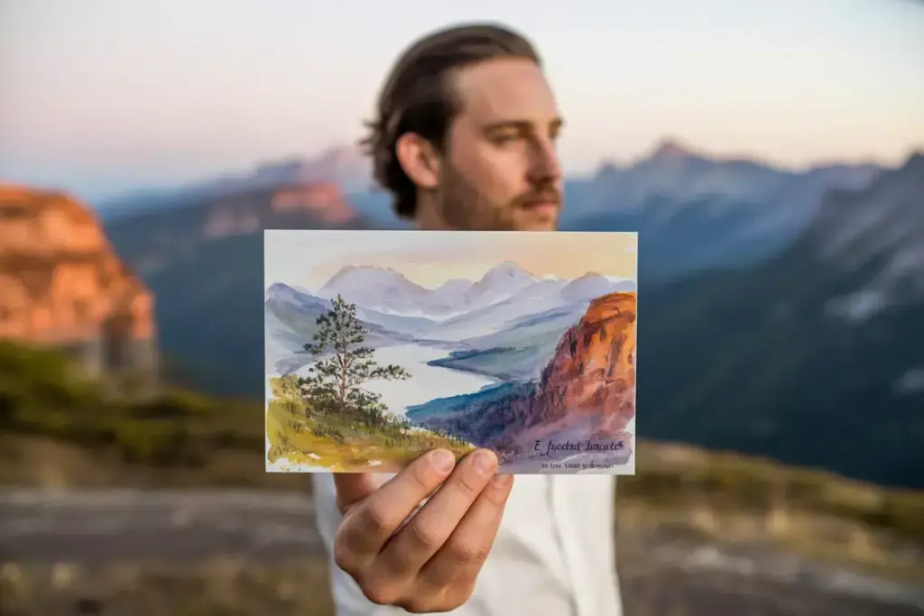 Custom mountain landscape watercolor invitation held at vista