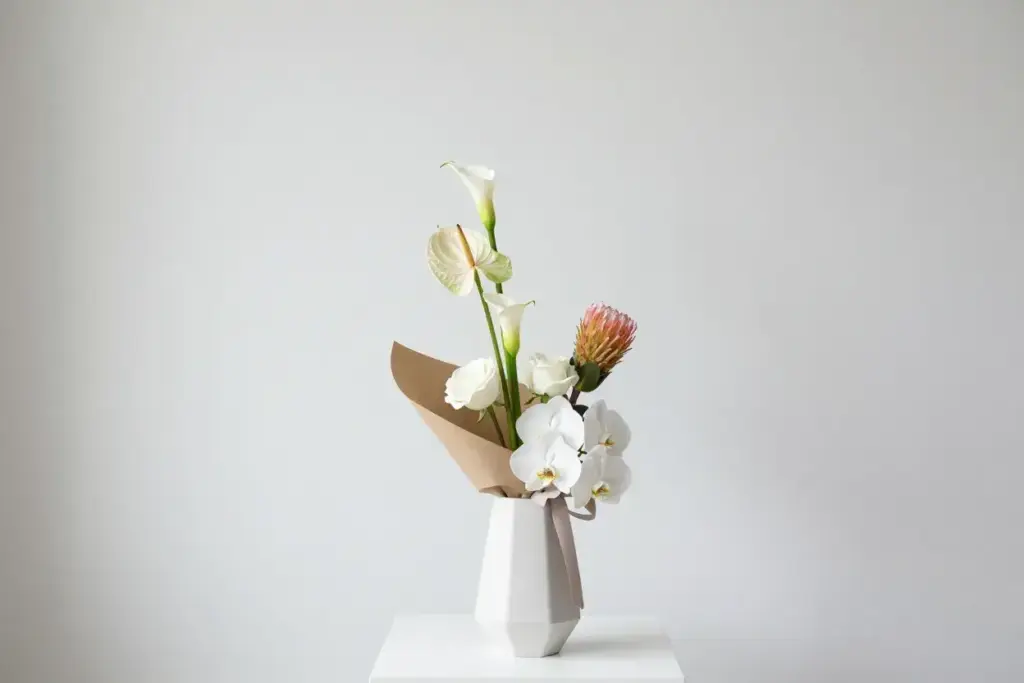 Minimalist single orchid geometric vase clean background