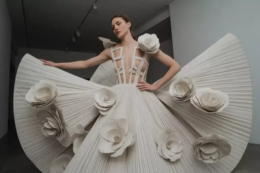 Structural gown 3d florals accordion pleated skirt