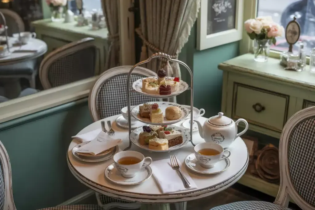 Vintage tea room setting with tiered stands and fine china
