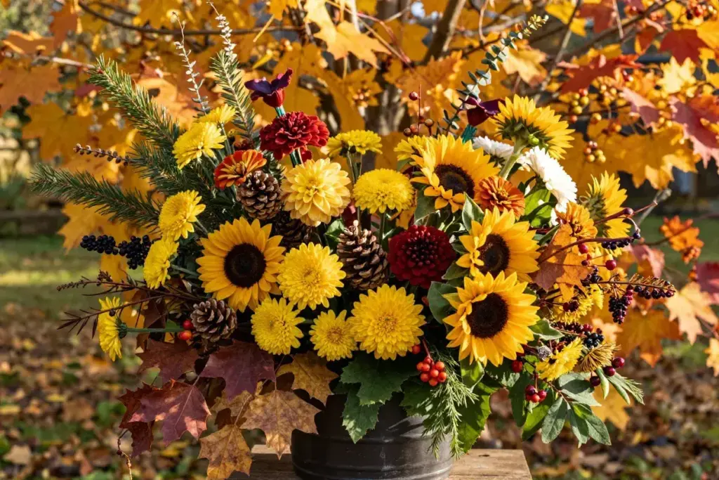 Autumn bouquet warm colors fall foliage pinecones wooden table