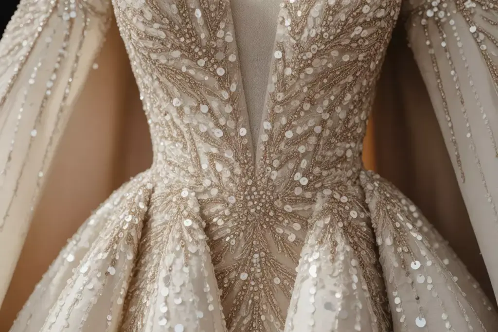 Beaded embellished gown intricate patterns mixed metallics