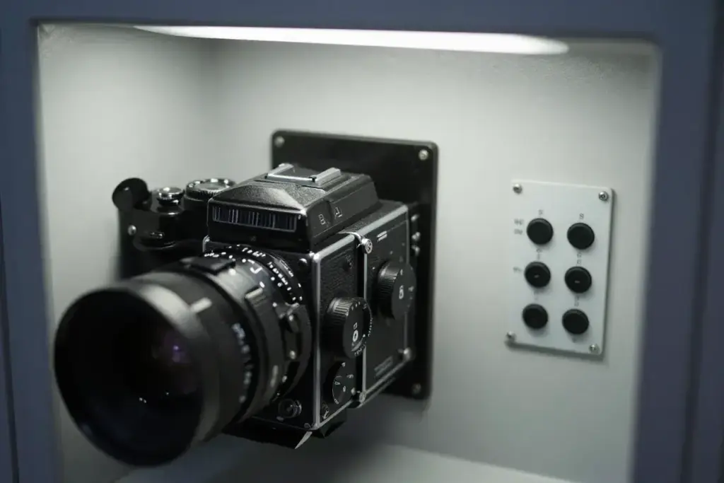 Close up of vintage booth camera settings aperture and shutter dials