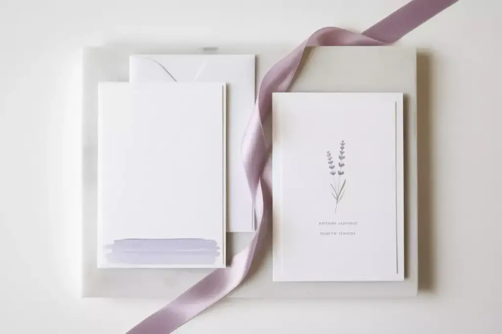 Minimalist invitation with delicate lavender watercolor accent and ribbon