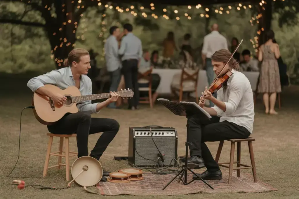 Acoustic guitar and violin duo performing on rug at outdoor wedding reception