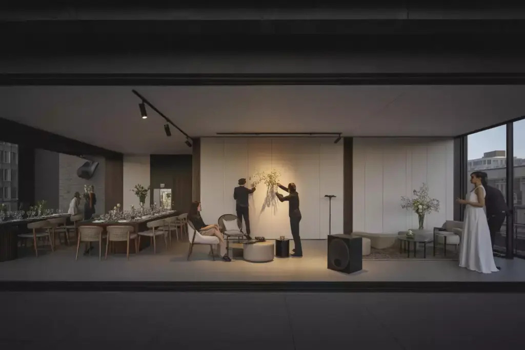 Boutique hotel event space with professional lighting and setup