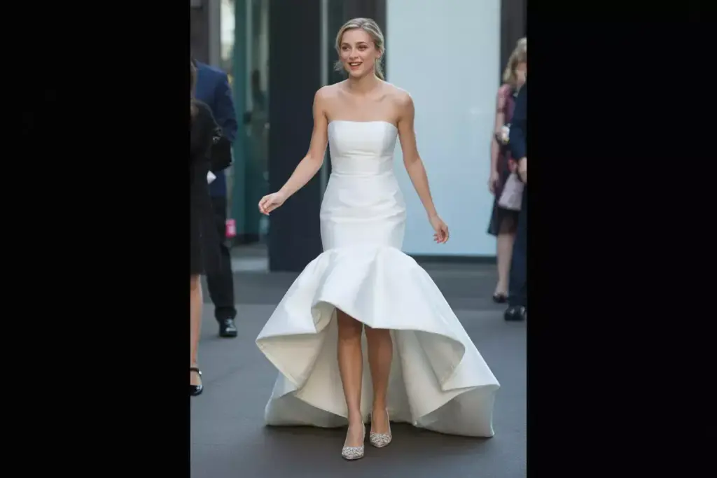 Contemporary high low hem strapless mermaid dress showcasing wedding shoes