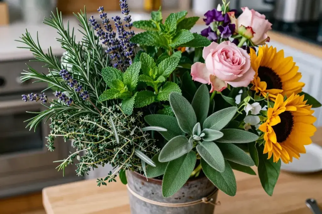 Herb flower fusion bouquet rosemary roses rustic kitchen