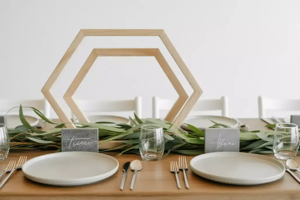 Modern geometric wood centerpiece eucalyptus stone place cards
