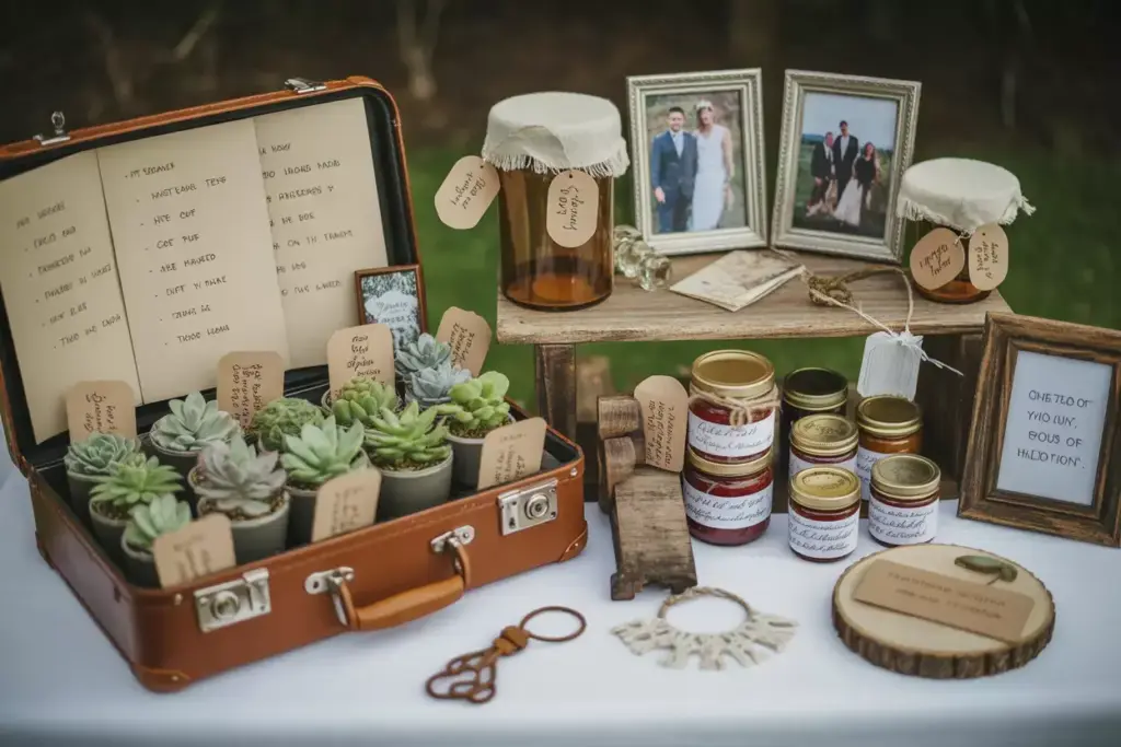 Diy wedding favors succulents jams and vintage suitcase guest book display