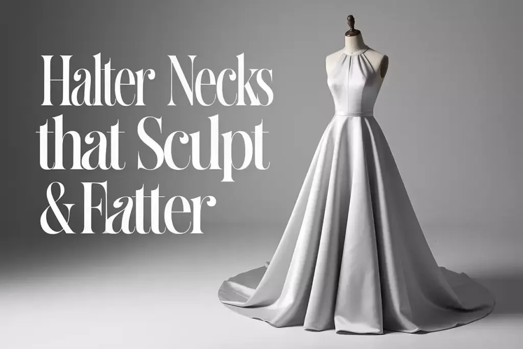 Elegant halter neck a line wedding gown sculpting silhouette on mannequin
