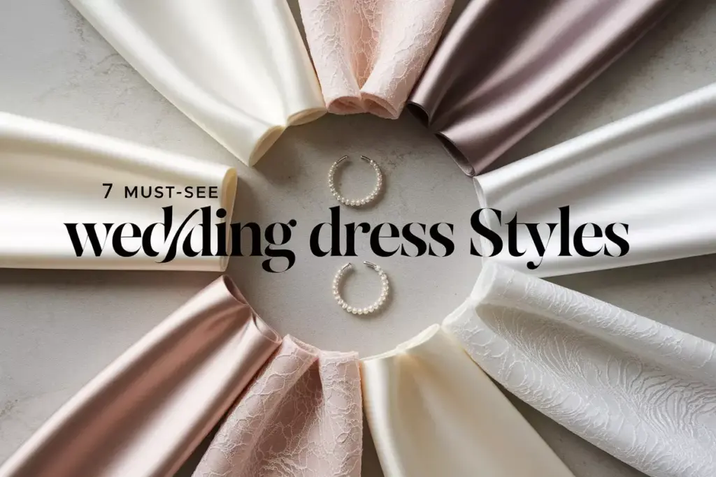 Seven wedding dress fabric swatches circle flat lay on neutral background