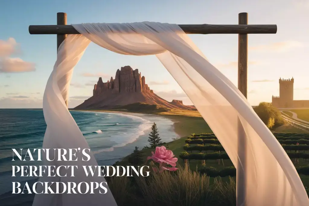 Wooden arch frames composite natural wedding venues under golden hour sky