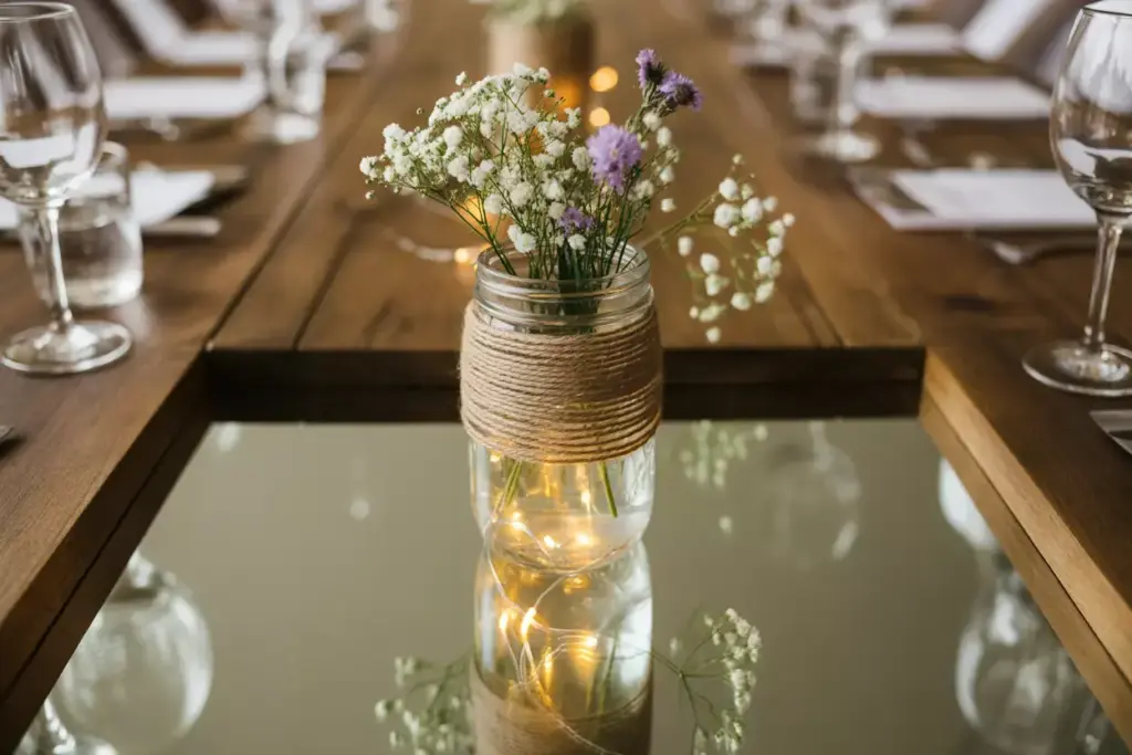 Mason jar wrapped twine wildflowers fairy lights glow