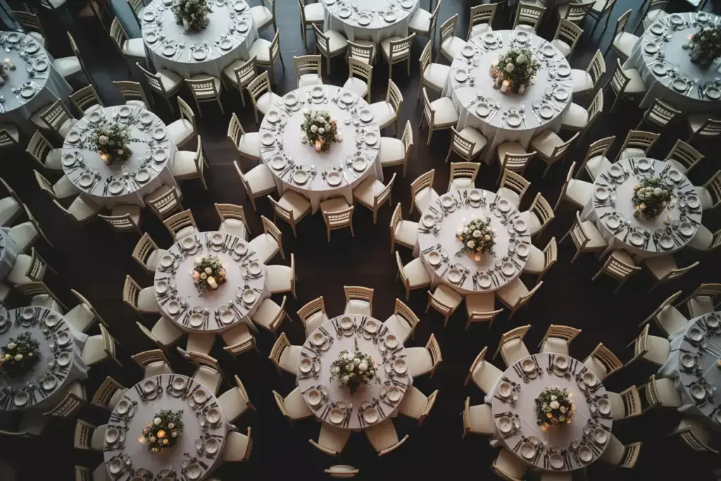 Organic staggered round tables elegant reception layout overhead view
