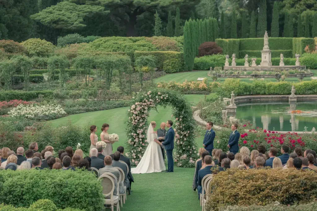 Romantic wedding ceremony in multi themed botanical garden estate