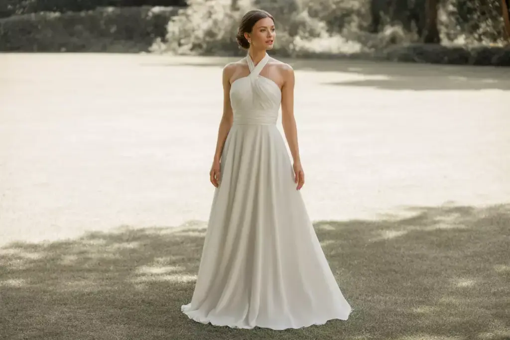 The classic a line halter with empire waist in garden