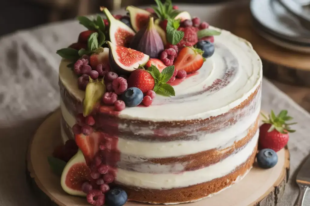 Naked layer cake with artful arrangement of fresh seasonal fruits