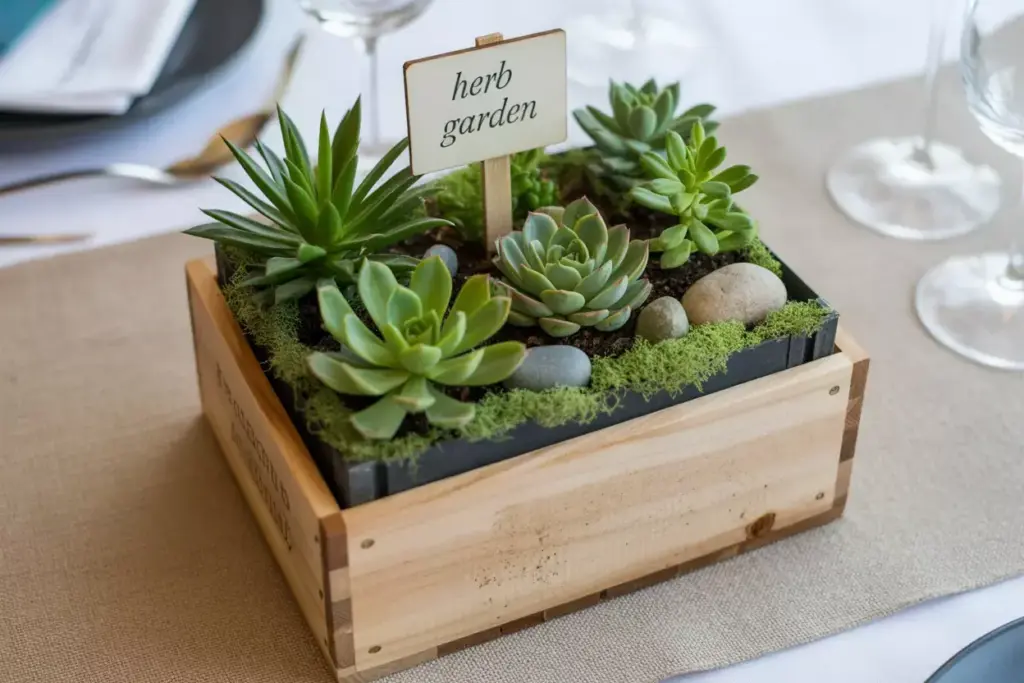 Wooden crate planter assorted succulents moss stones