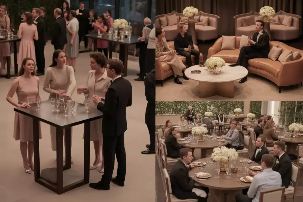 Blended wedding reception zones cocktail dining lounge seating