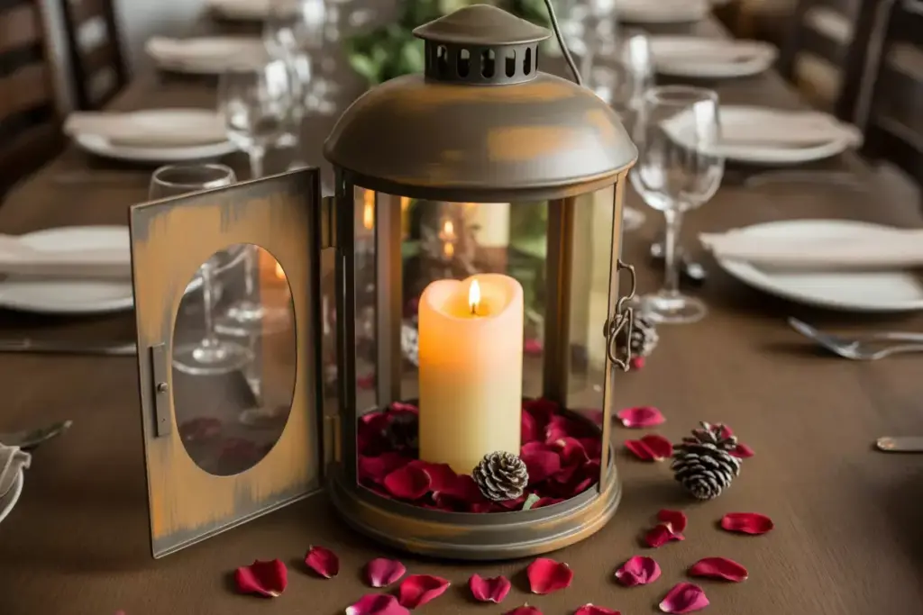 Distressed metal lantern candle rose petals pinecones